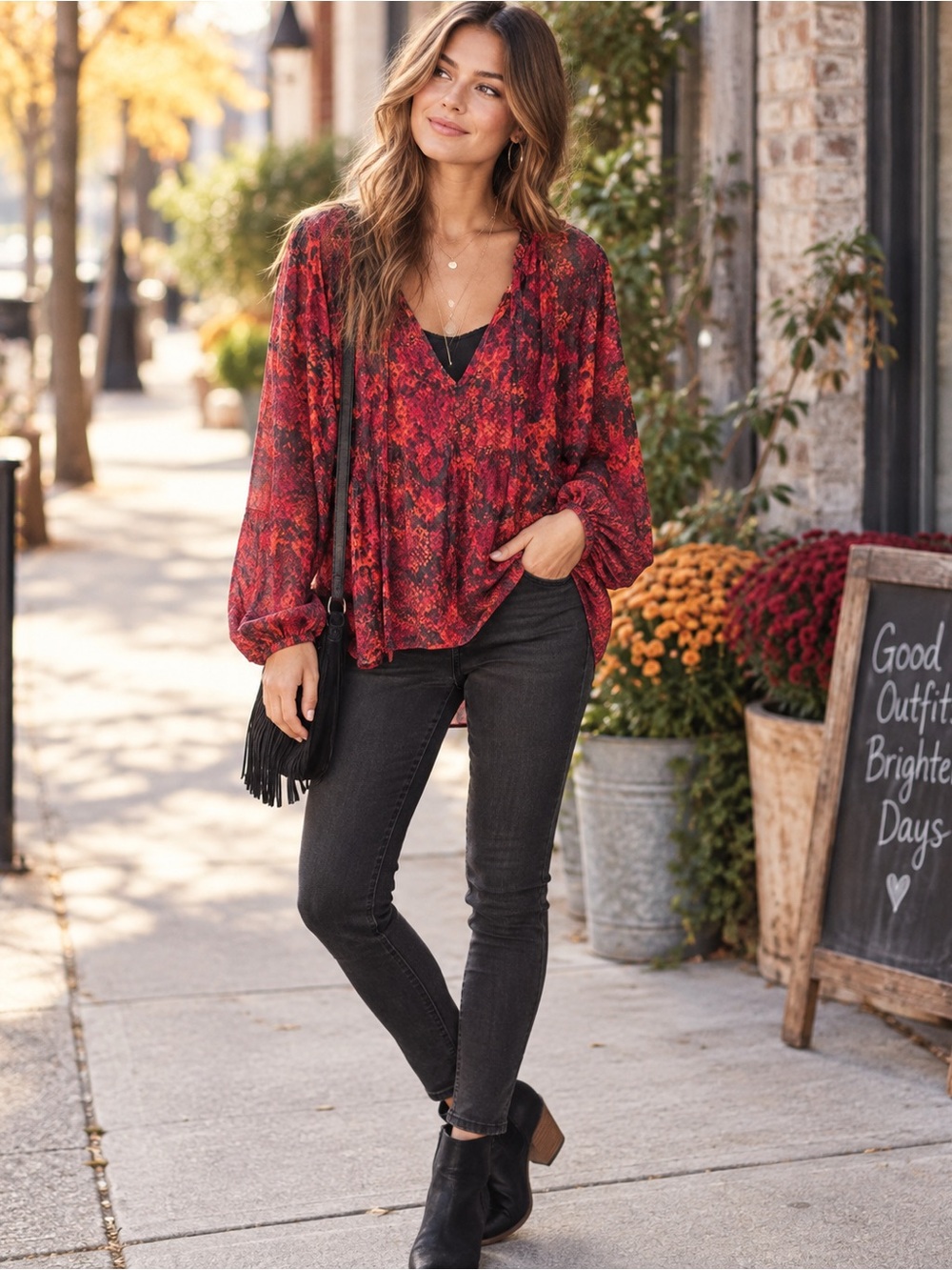 Free People Sheer Red Black Printed Boho Top Size Medium